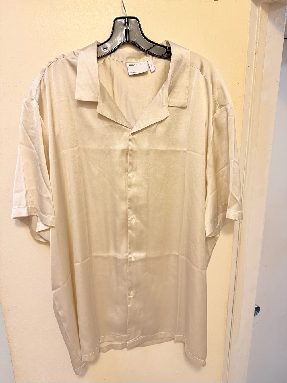 ASOS DESIGN satin shirt with revere collar in stone